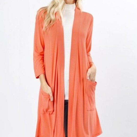 ZENANA Premium Orange Midi Medium Open front Slouch Pockets Duster Cardigan - Picture 1 of 4
